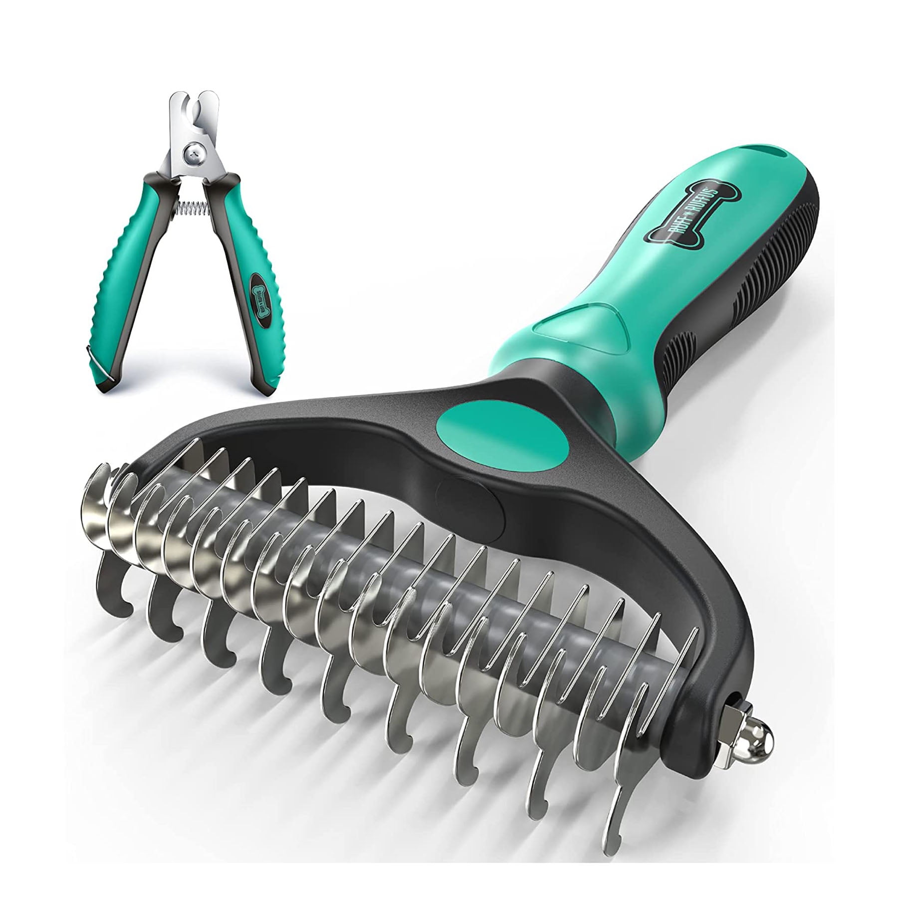 Ruff 'N Ruffus Double Sided Pet Undercoat Pet Rake Brush + Free Nail Trimmers for Dogs & Cats, Aqua
