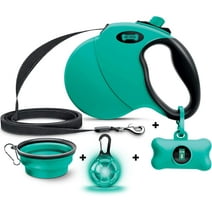 Ruff 'N Ruffus Premium Anti-Tangle 16 ft Retractable Reflective Dog Leash 110 lbs + Travel Bowl, Bag Dispenser and LED Charm