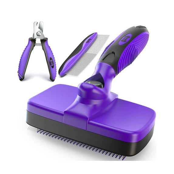 Ruff 'N Ruffus Self-Cleaning Pet Slicker Brush For Cats & Dogs + FREE Pet Nail Trimmers & Plastic Comb, Purple