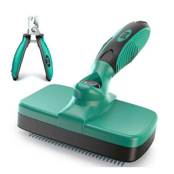 Ruff 'N Ruffus Self-Cleaning Pet Slicker Brush For Cats & Dogs With All Hair Types + FREE Pet Nail Trimmers, Aqua