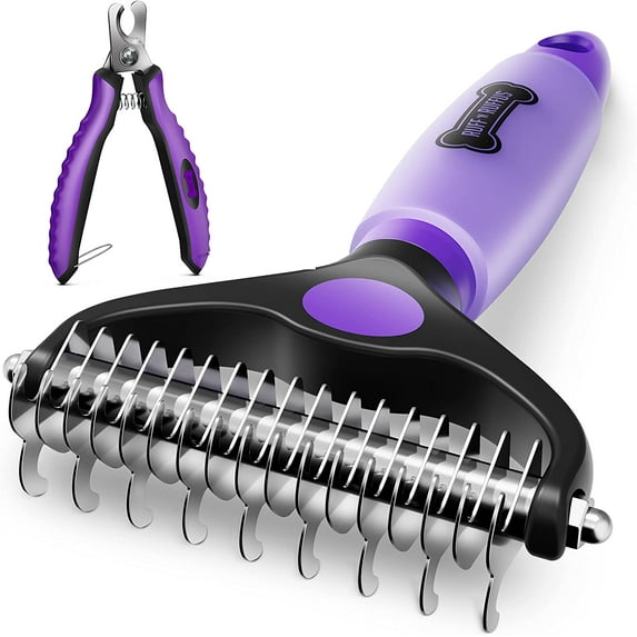 Ruff 'n Ruffus Double Sided Professional Grade Undercoat Pet Rake Brush | Reduces Shedding by 95% + Free Nail Clipper