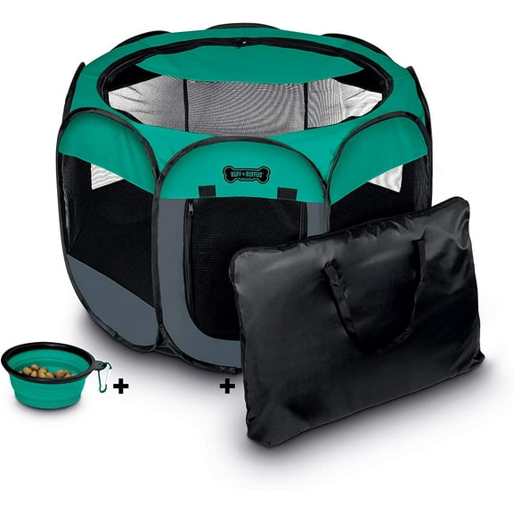 Ruff 'n Ruffus Porle Foldable Pet Playpen + Free Carrying Case + Free Travel Bowl | Available in 3 Sizes Indoor/Outdoor Water-Resistant Removable Shade Cover
