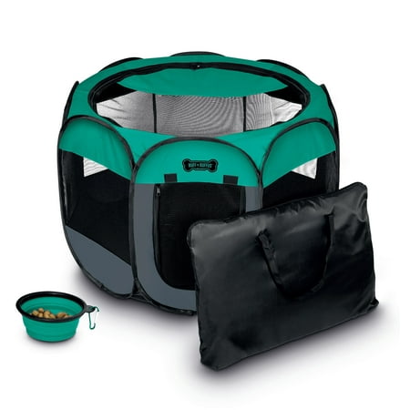 Ruff 'n Ruffus Portable Foldable Pet Playpen with Carrying Case & Collapsible Travel Bowl (Small 29" x 29" x 17")