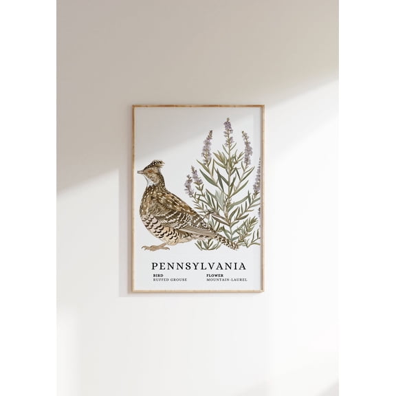 Ruffed Grouse Art Poster: Pennsylvania State Bird And Flower, Unframed Poster Size 8x12