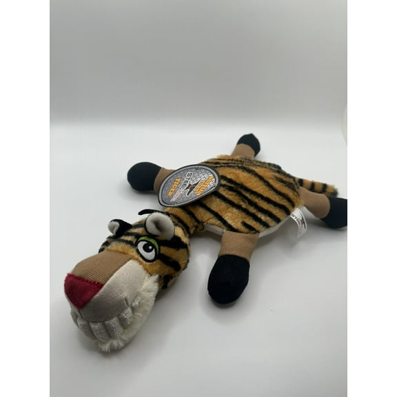 SteelDog Ruffian Flat Tiger Plush Dog Toy, Crinkles, Tennis Ball Inside for Interactive Play