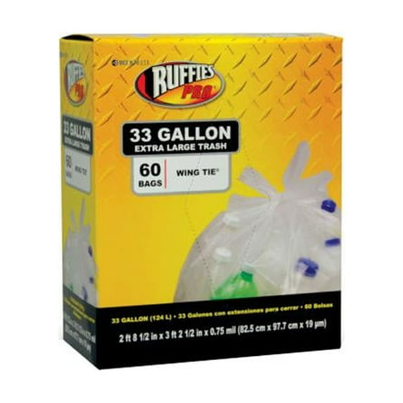 Ruffies 1124909 Trash Recycling Bags, Clear, 33 Gallon, 60-Ct. - Quantity 6