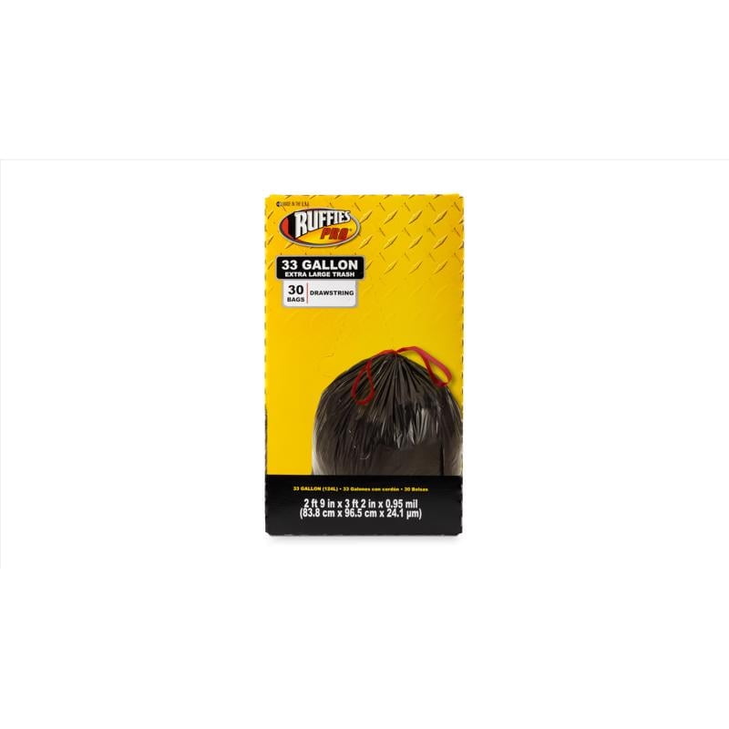 Ruffies Pro Drawstring Trash Bags - 33-Gallon, Heavy-Duty, Black, 30-Count