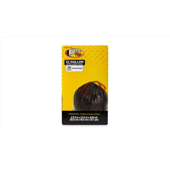 Ruffies Pro Drawstring Trash Bags - 33-Gallon, Heavy-Duty, Black, 30-Count