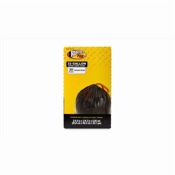 Ruffies Pro Drawstring Trash Bags - 33-Gallon, Heavy-Duty, Black, 30-Count