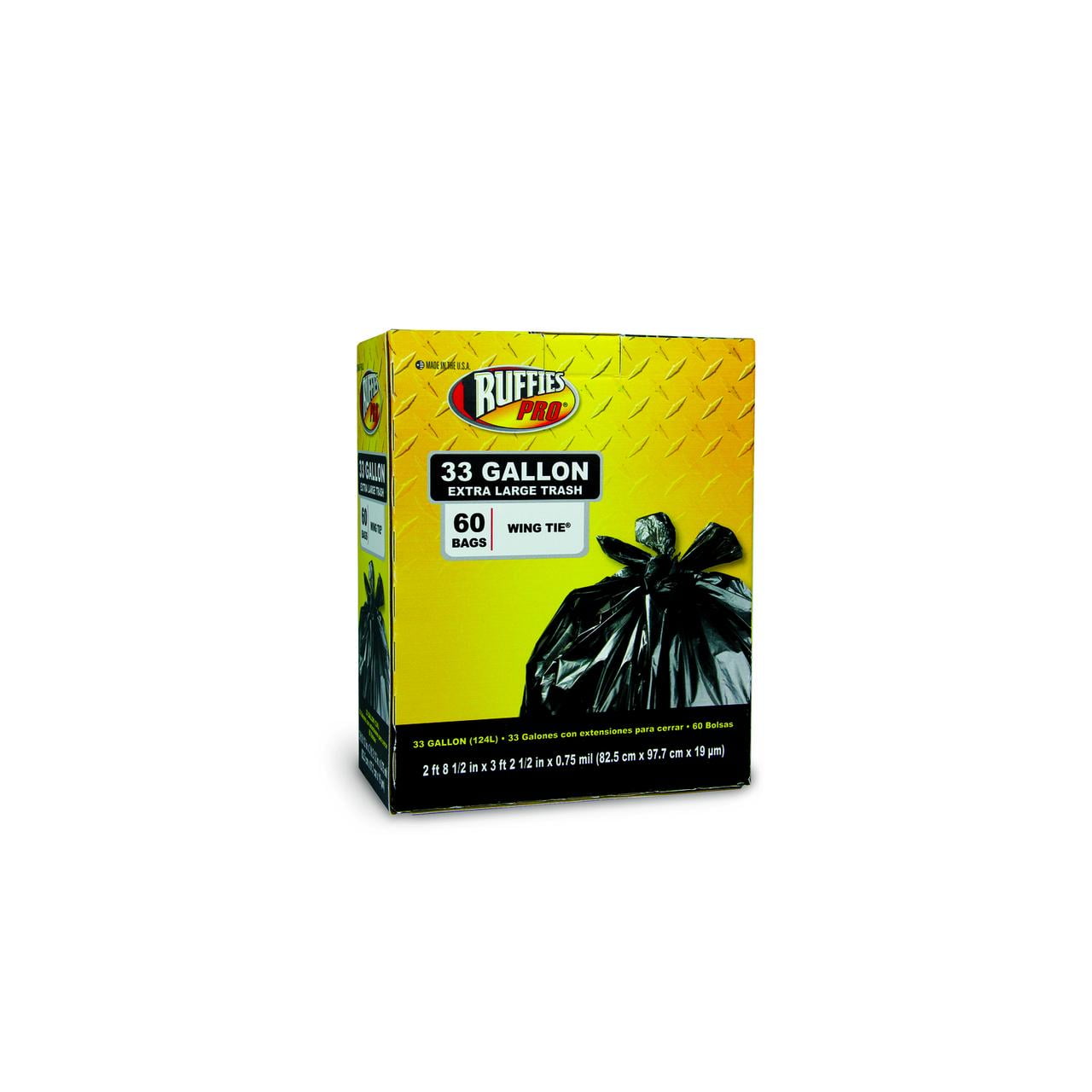Ruffies Pro Extra Large Wing Tie Black Trash Bags, 33 Gallon, 60 Count