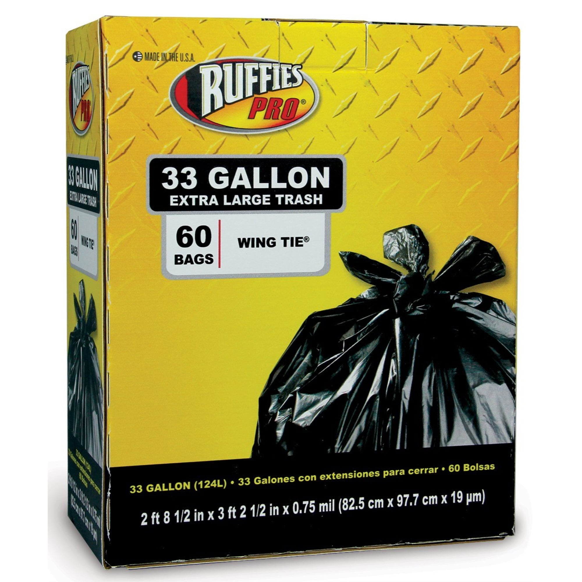 Ruffies Pro Extra Large Wing Tie Black Trash Bags, 33 Gallon, 60 Count