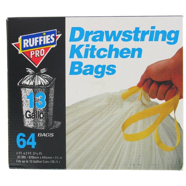 Ruffies Pro Tall Kitchen Drawstring Trash Bags, 13 Gallon, 64 Count