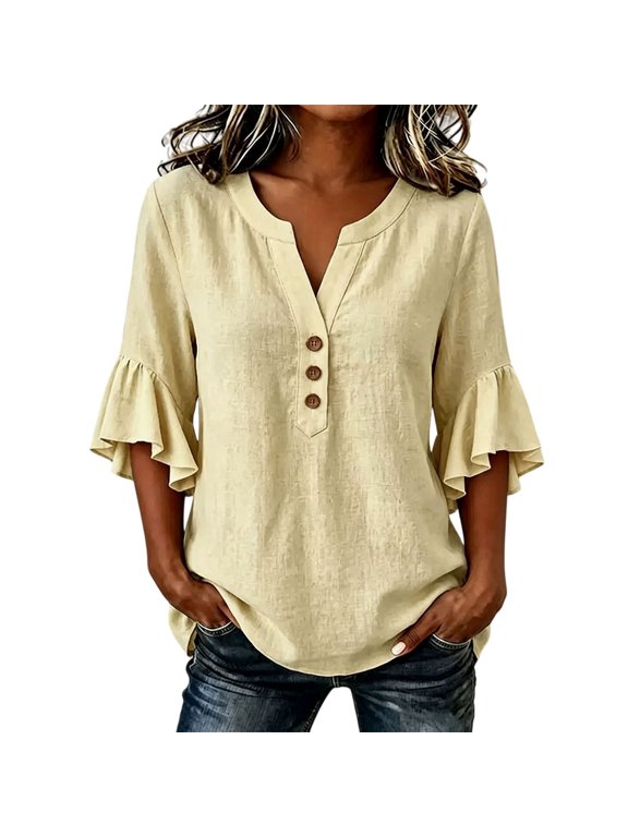 Ruffle 3/4 Sleeve V Neck Henley Button Linen Tunic Shirts Lightweight Gauze Blouses Casual Summer Loose Fit Tunic Tops Dressy Casual Work Blouses Plus Size Beach Vacation Outfits Yellow S