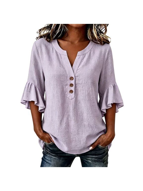 Ruffle 3/4 Sleeve V Neck Henley Button Linen Tunic Shirts Lightweight Gauze Blouses Casual Summer Loose Fit Tunic Tops Dressy Casual Work Blouses Plus Size Beach Vacation Outfits Purple S