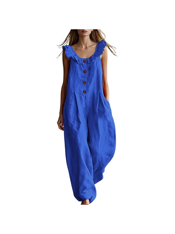 Ruffle Baggy Linen Jumpsuits for Women Button Down Loose One Piece Rompers Wide Leg Harem Pants with Pockets