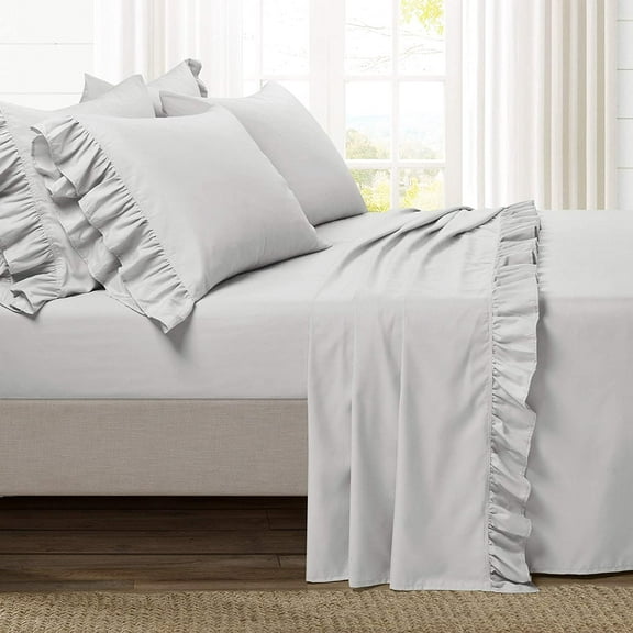 Ruffle Bed Sheet Set 6 Piece - 22 Inch Deep Pocket - 100% Pure Bamboo Bed Sheet Set - Anti Static Feels Like Silk - Super Comfy, Extra Soft and Luxury - Light Gray Solid, Olympic Queen Size.