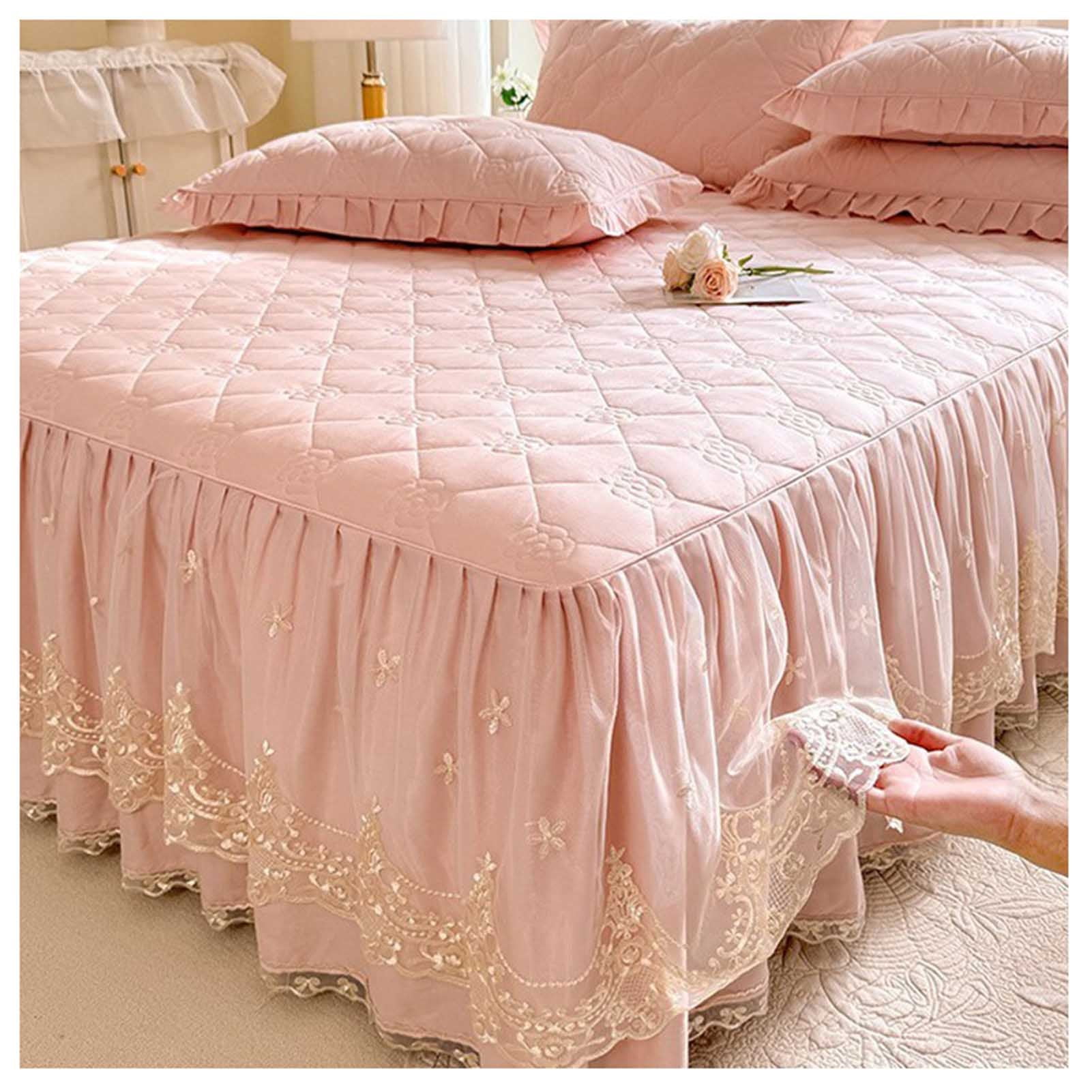 Ruffle Bed Skirt Bedspread, Soft Ruffle Bed Valance, Thicken Lace Edge Fitted Sheet Wrap-Around Dust Ruffle Mattress Cover