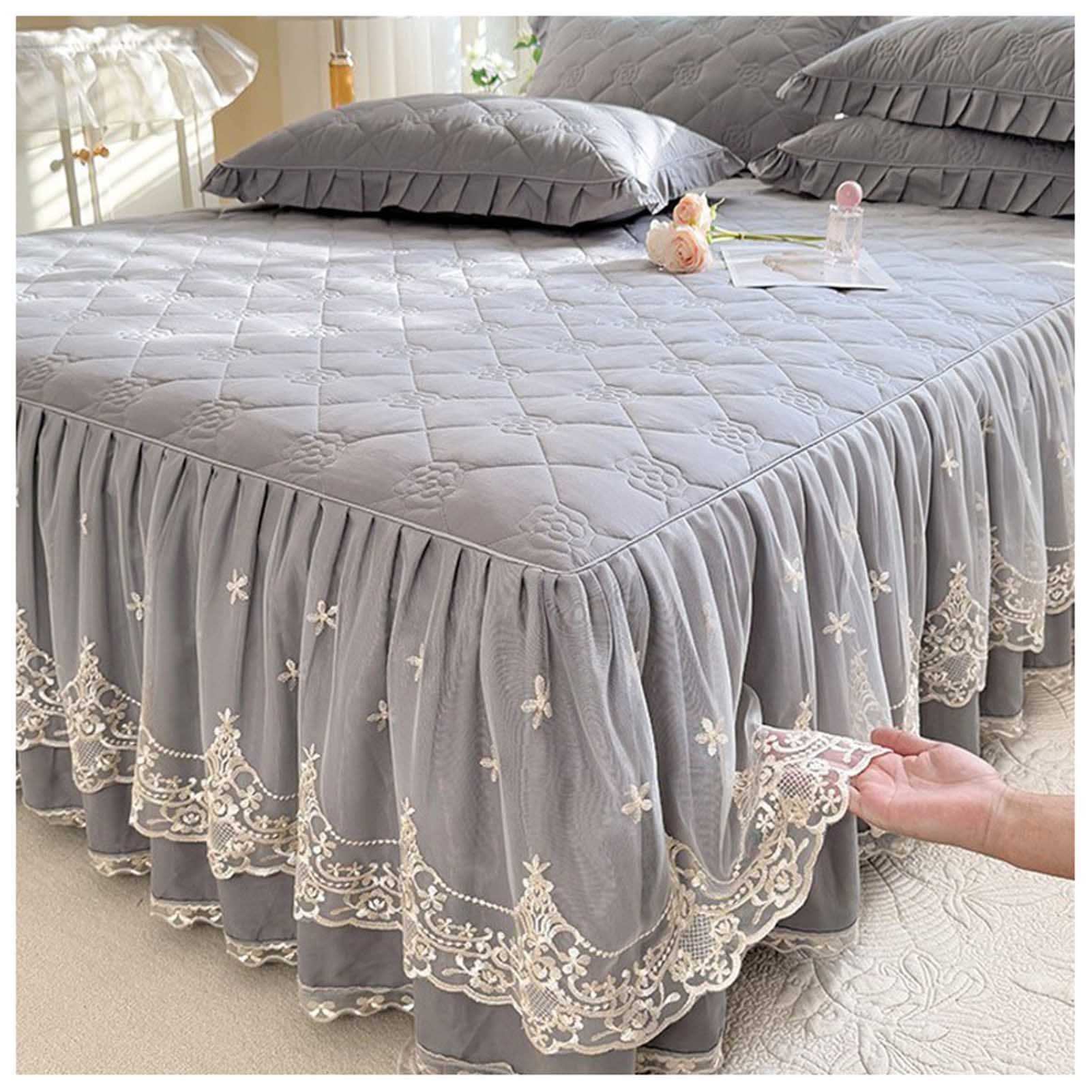 Ruffle Bed Skirt Bedspread, Soft Ruffle Bed Valance, Thicken Lace Edge Fitted Sheet Wrap-Around Dust Ruffle Mattress Cover