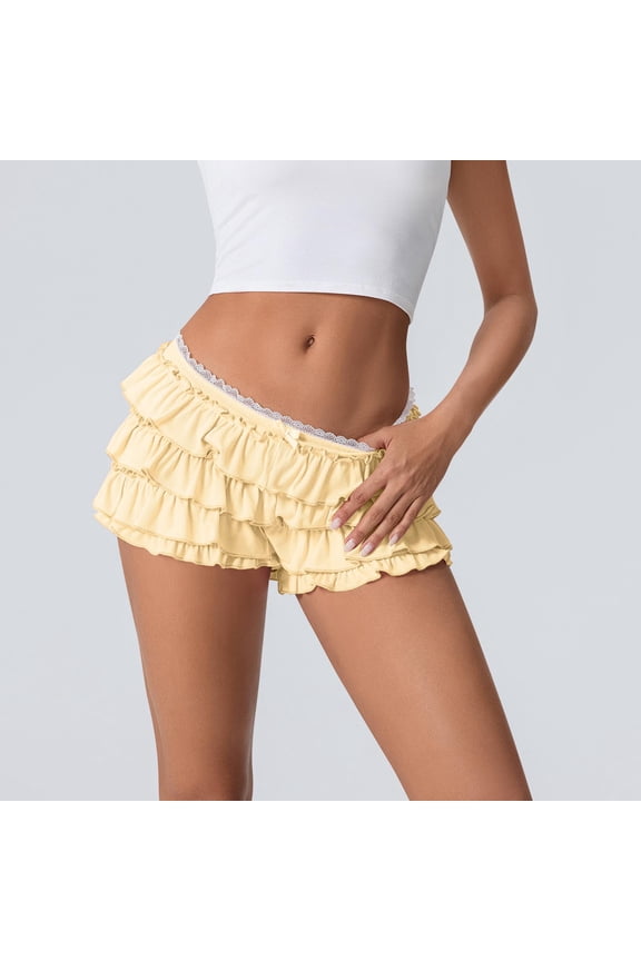 Ruffle Bloomer Shorts, Layered Ruffled Bloomers for Women, Cute Lace Mini Bow, Going Out Concert Music Festival Yellow L