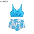 thumbnail image 1 of Ruffle Girls Swimsuits Ruched Side Girls Bikini Spaghetti Strap Tankini Set 3pcs Contrast Trim Bathing Suits for Girls, 1 of 4