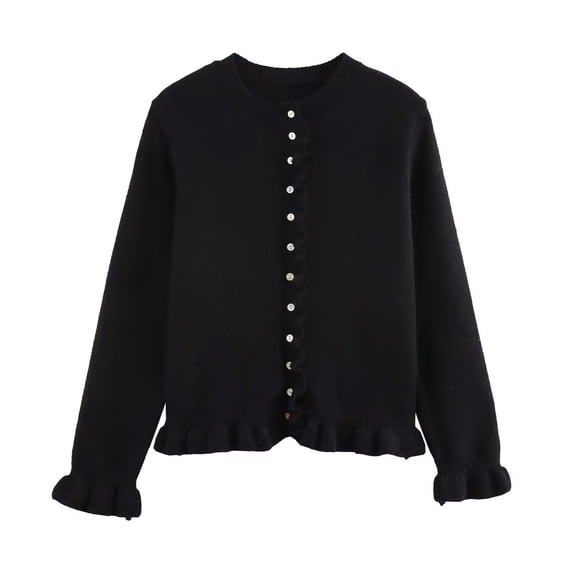 Ruffle Cardigan, Yigetop Woman Solid Color Layered Decorative Knitted Jacket with Black Edge Button Up Sweaters for Women Black M