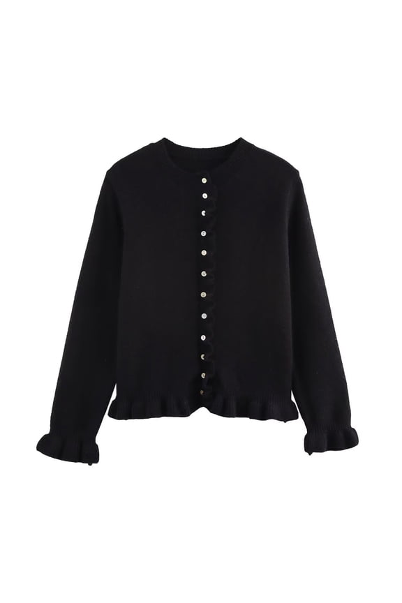 Ruffle Cardigan, Yigetop Woman Solid Color Layered Decorative Knitted Jacket with Black Edge Button Up Sweaters for Women Black M