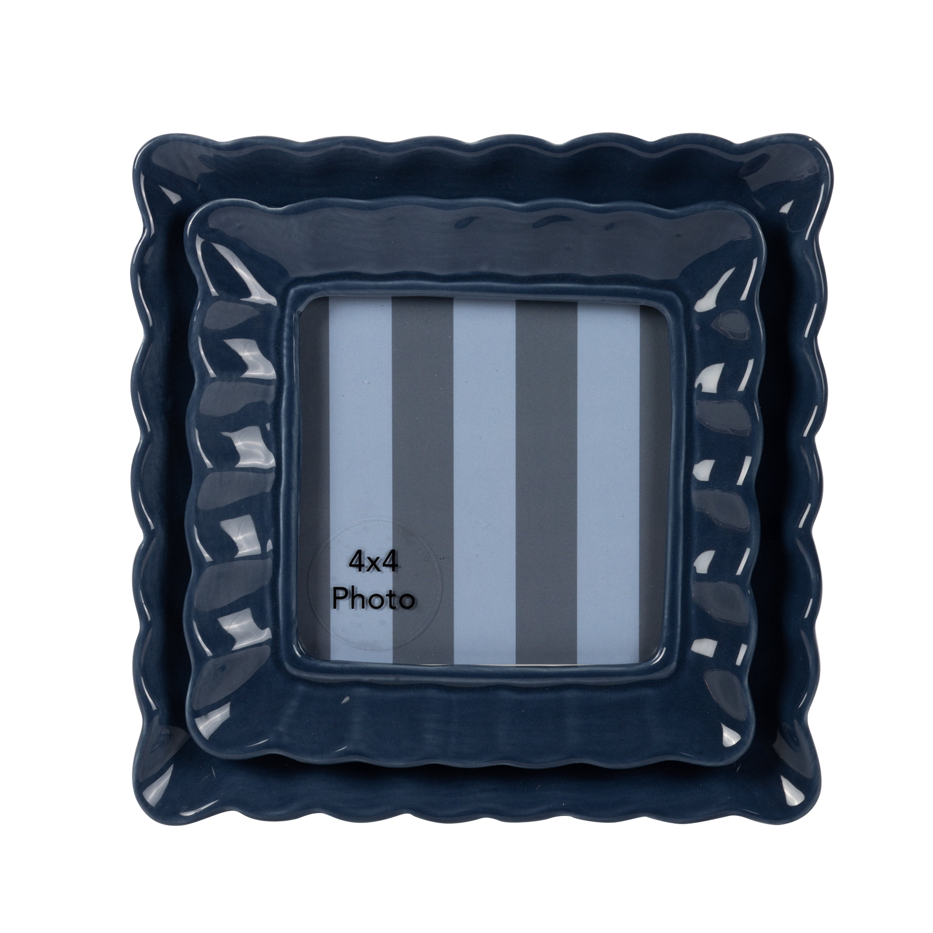 Sterling & Noble Home – 4x4 Picture Frame – Double Ruffle Dark Blue Ceramic Tabletop Photo Frame