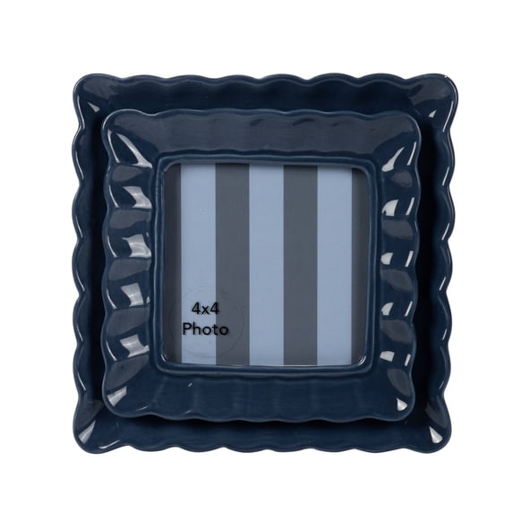 Sterling & Noble Home – 4x4 Picture Frame – Double Ruffle Dark Blue Ceramic Tabletop Photo Frame