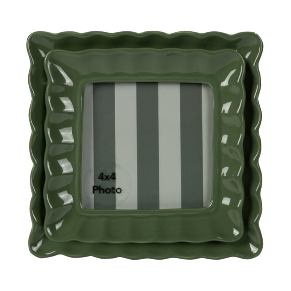 Sterling & Noble Home – 4x4 Picture Frame – Double Ruffle Green Ceramic Tabletop Photo Frame