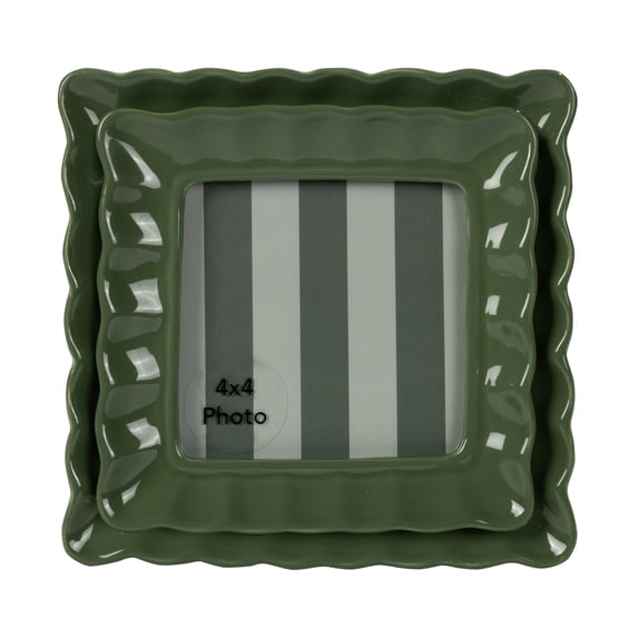 Sterling & Noble Home – 4x4 Picture Frame – Double Ruffle Green Ceramic Tabletop Photo Frame