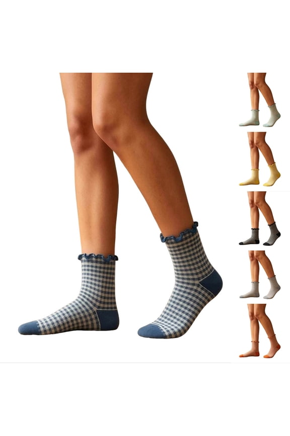 Ruffle Checkered Crew Socks For Women Cute Soft Plaid Sock Fall Casual Comfy Frilly Socks, One Size