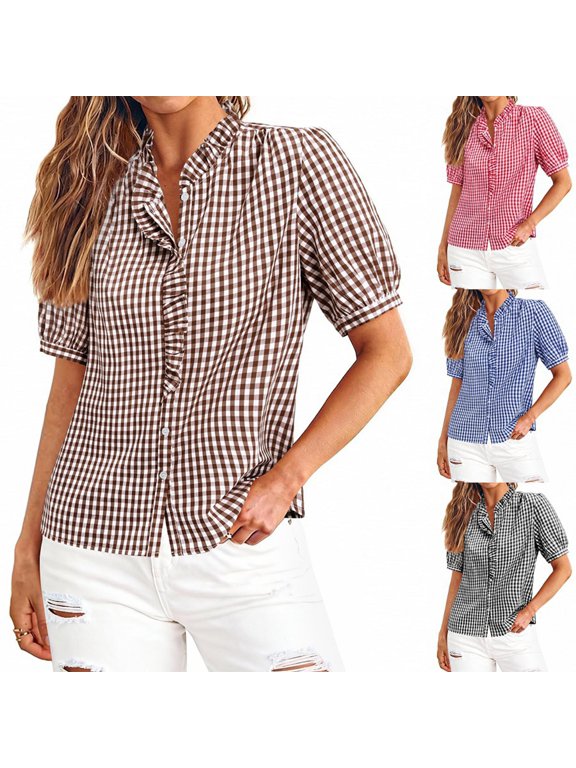 Ruffle Collar Gingham Blouse for Women, Puff Sleeve Button Down Short Sleeve Top - Lightweight Summer Casual Work Shirt Black XL