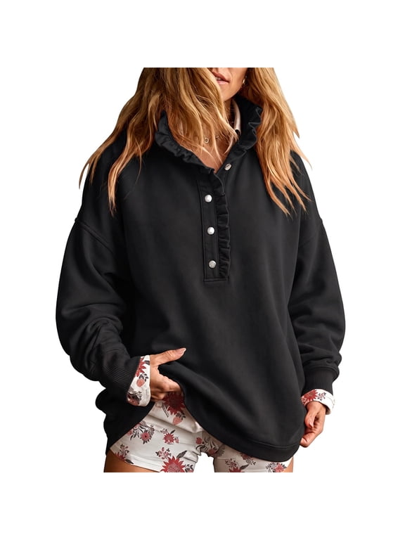 Ruffle Collar Henley Sweatshirt for Women Snap Button Long Sleeve Relaxed Fit Casual Fall Pullover Top