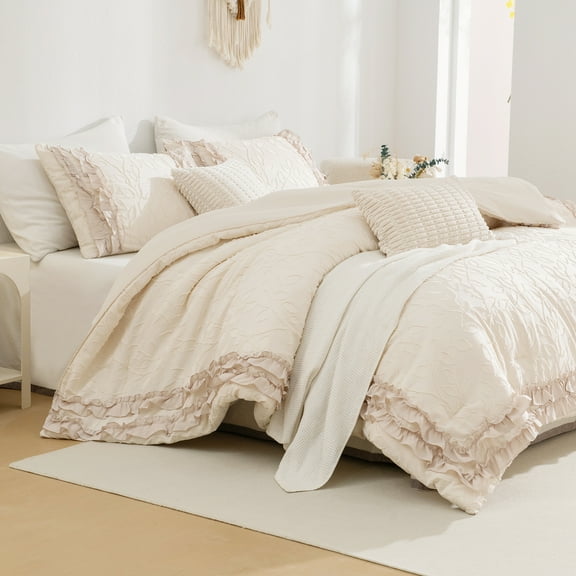 Ruffle Comforter Set Boho Tufted Bedding Set Leaf Botanical Tufted Texture Comforter Extra Soft Cozy Shabby Chic Bed Set Ruffled Quilt for All Season