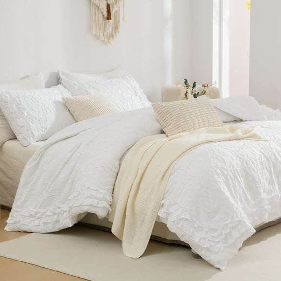 Ruffle Comforter Set Boho Tufted Bedding Set Leaf Botanical Tufted Texture Comforter Extra Soft Cozy Shabby Chic Bed Set Ruffled Quilt for All Season