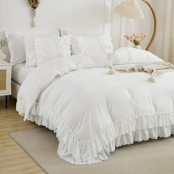 Ruffle Comforter Set Queen Size,Shabby Chic Boho Bedding Sets, Soft Fluffy Comforter Sets for All Season,Vintage Ruffled 3 Pcs Microfiber Lightweight Quilt Set for Home Decor