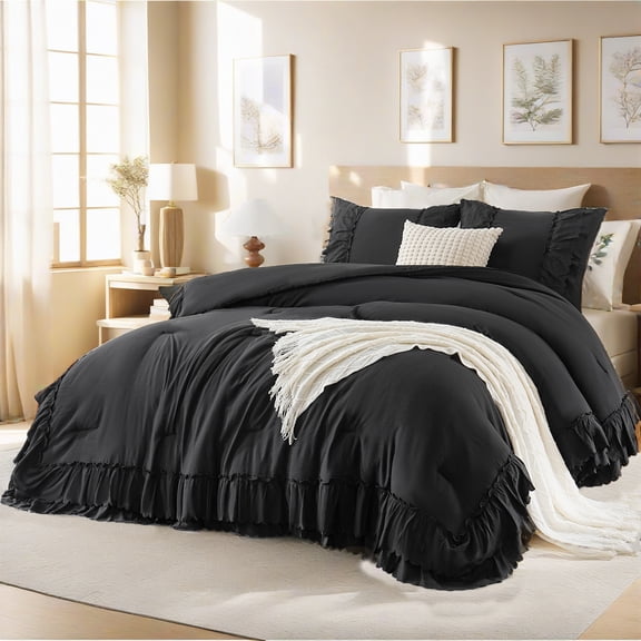 Ruffle Comforter Set Queen Size,Shabby Chic Boho Bedding Sets, Soft Fluffy Comforter Sets for All Season,Vintage Ruffled 3 Pcs Microfiber Lightweight Quilt Set for Home Decor