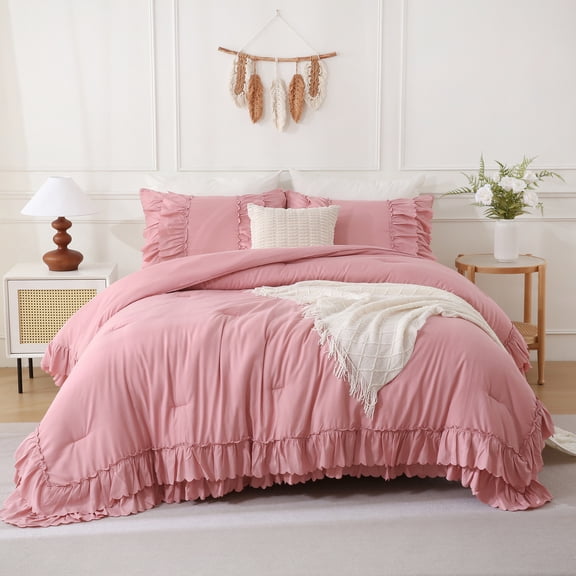 Ruffle Comforter Set Queen Size,Shabby Chic Boho Bedding Sets, Soft Fluffy Comforter Sets for All Season,Vintage Ruffled 3 Pcs Microfiber Lightweight Quilt Set for Home Decor