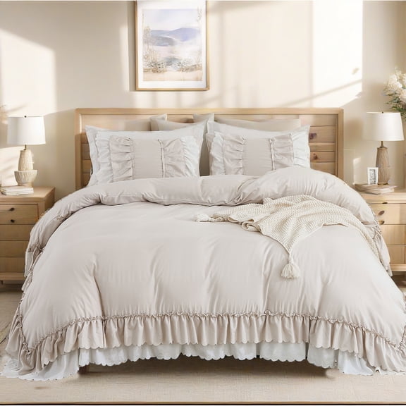 Ruffle Comforter Set Queen Size,Shabby Chic Boho Bedding Sets, Soft Fluffy Comforter Sets for All Season,Vintage Ruffled 3 Pcs Microfiber Lightweight Quilt Set for Home Decor