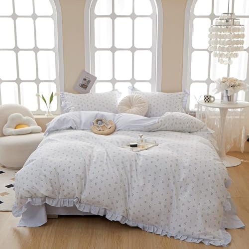 Ruffle Comforter Set Twin XL White Blue Floral Comforter Coquette Lace Floral Bedding Set Soft Striped Bedding Comforter Set 1 Lightweight Cottagecore Comforter with 2 Pillowcases