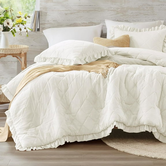 Ruffle Comforter Sets Boho Fluffy Cozy Washed Microfiber Bedding Sets White King Size