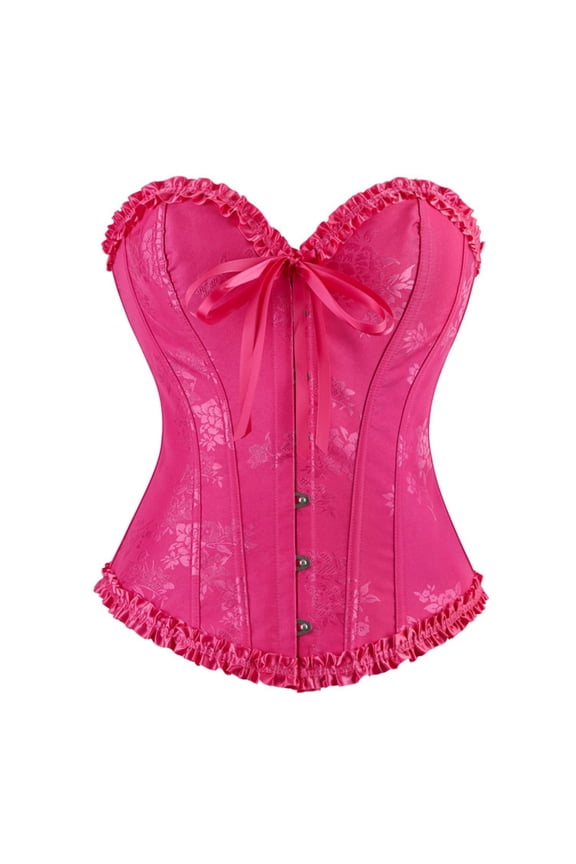 Ruffle Corset Tops Womens Floral Waist Cincher Boned Bustier Shapewear Overbust Party Push Up Corsets for Dress Hot Pink, XS