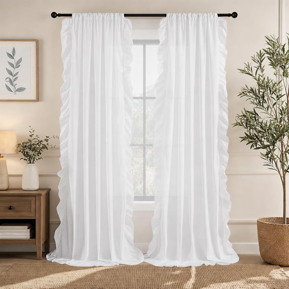 Ruffle Curtains 84 Inches Long for Living Room, White Ruffle Curtains for Bedroom Light Filtering Victorian Gothic Drapes Rod Pocket Country Flowy Window Curtain