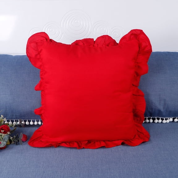 Ruffled Satin Throw Pillow Cover, Soft Decorative Cushion Case with Frilled Edges for Couch Sofa Bedroom, Princess Style Accent Pillow Cover – Red 16×16 in (Cover Only)