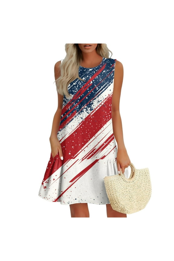 Ruffle Dress Women, American Flag Casual Tank Sundress With Pockets 4Th Of July Boho Beach T-Shirts Round Neck Dresses Infinity For Women 80S Prom Dress Crochet Dresses (XXL, Deep Red) ZMTing