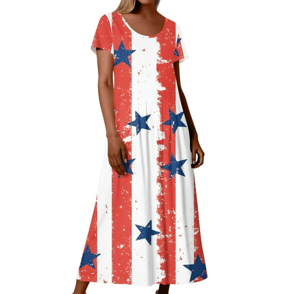 Ruffle Dress Women, American Flag T Shirt Long Dresses Casual Cotton 4Th Of July Patriotic Short Sleeve Round Neck Pocket Dress Pants Suits For Women Dressy Casual Dresses (M, Red) ZMTing