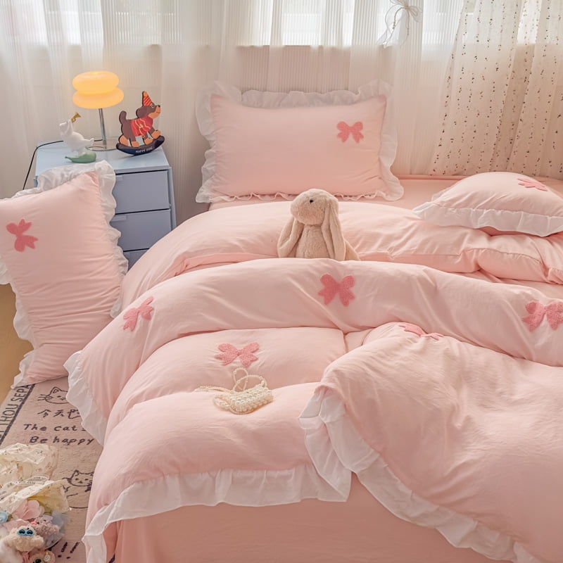 Ruffle Duvet Cover Queen Size 3 Pieces Pink Bow Duvet Cover Set Chic Textured Comforter Cover for All Season Cute Bedding Set with Zipper 2 Pillow Shams for Kids Girls Adult