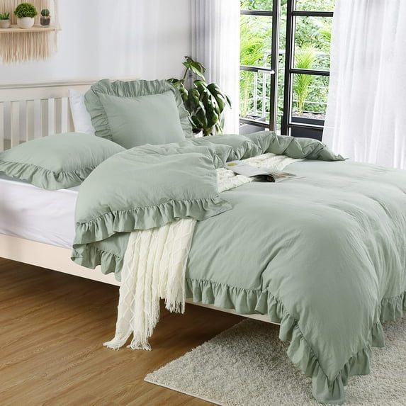 Ruffle Duvet Cover Queen Size, 3PCS Soft Washed Microfiber Vintage French Country Duvet Cover Set for Queen Bed
