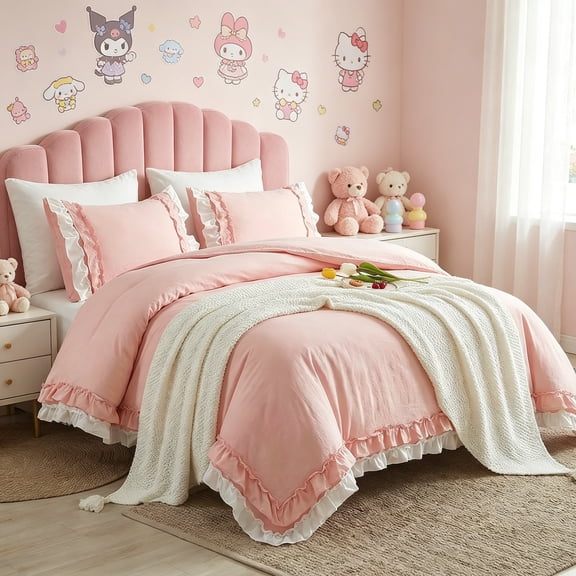 Ruffle Duvet Cover Queen Size,  Bedding Ultra Soft Breathable Shabby Chic Bedding, Pink Ruffled Duvet Cover Set, Cute Comforter Cover