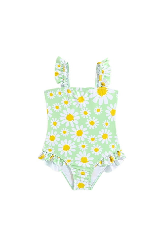Ruffle Floral Swimsuits for Girl Cute Toddler One Piece Bathing Suits Sleeveless Beachwear, Green, 3 Years